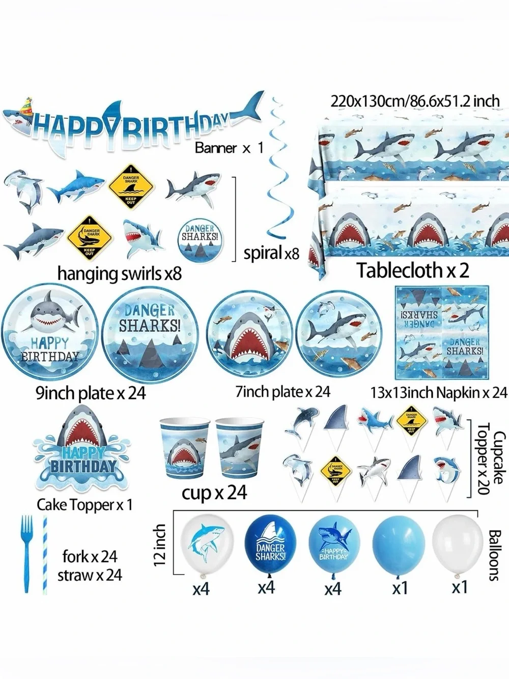 🦈🎉 Shark Birthday Party Supplies & Decorations Set – 190 Pieces